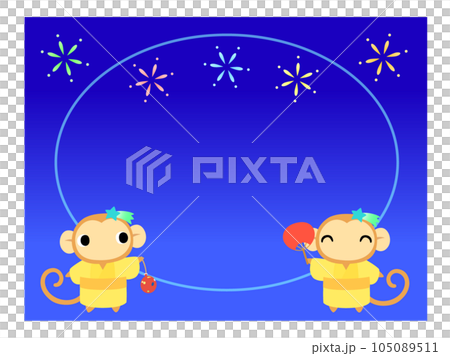 A monkey in a yukata circular frame with a background of fireworks 105089511