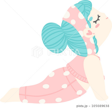 Cute cartoon girl in yoga pose. Pastel-colored illustration of yoga girl for yoga lovers and self-care enthusiasts. 105089638