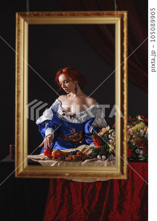 Portrait of a noble lady with fruit in the style of a framed painting 105089905