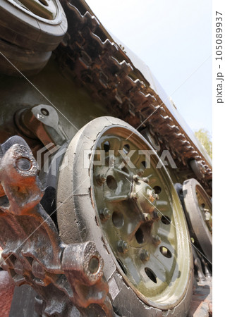 Airborne combat vehicle. On a pedestal. Fragments of a combat vehicle close-up. Airborne combat vehicle. On a pedestal. Fragments of a combat vehicle close-up. 105089937