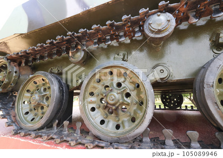 Airborne combat vehicle. On a pedestal. Fragments of a combat vehicle close-up. 105089946