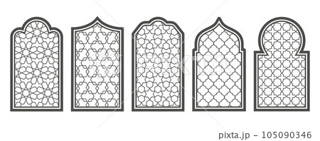Ramadan window with pattern. Arabic frame of mosque door. Islamic design template. Vector oriental decoration with ornament. Ramadan window with pattern. Arabic frame of mosque door. Islamic design template. Vector oriental decoration with ornament. 105090346