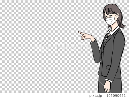 マスク姿で向こうを指差しするスーツ姿のビジネスウーマン女性のイラスト 上半身正面 横向き マスク姿で向こうを指差しするスーツ姿のビジネスウーマン女性のイラスト 上半身正面 横向き 105090431