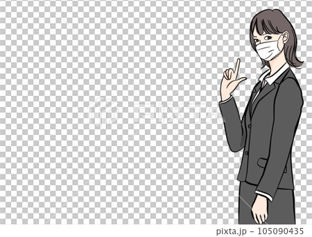 マスク姿で指差しポーズをするスーツを着た若い女性会社員 OLのイラスト 上半身正面 横向き 105090435