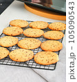crispy orange and chocolale cookies cool on a rack. ready baked cookies with chocolate chips. Comforting meal. vertical shot. 105090543