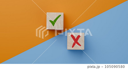 Green tick and red cross on backgrounds of different colors. Concept of positive or negative decision making or choice of approval or rejection. chooses checkmark and x sign symbol on wooden cube Green tick and red cross on backgrounds of different colors. Concept of positive or negative decision making or choice of approval or rejection. chooses checkmark and x sign symbol on wooden cube 105090580