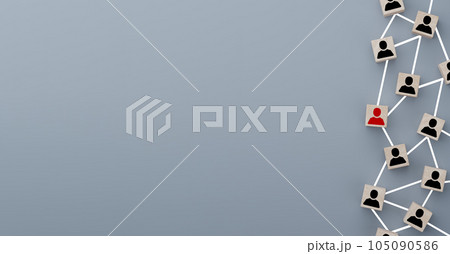 Wooden blocks with people icon on gray background. Organization structure, social network, leadership, team building, job recruitment, management or human resources concepts. 105090586