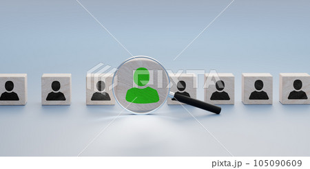 Human resource management and recruitment business concept, row of wooden cubes with icons of persons, focus through magnifying glass on green color person, Copy space Human resource management and recruitment business concept, row of wooden cubes with icons of persons, focus through magnifying glass on green color person, Copy space 105090609