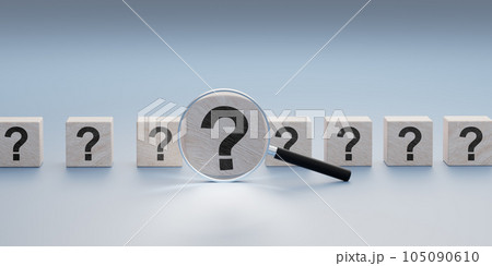 Cubes with question marks and magnifying glass analyzing question. question mark symbol on blue background. Problem, solution, confusion counseling 105090610