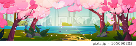 Lake in park with japanese cherry tree panorama Lake in park with japanese cherry tree panorama 105090802