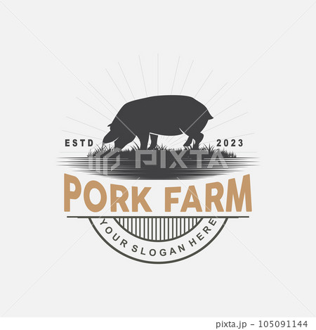 Pig Logo, Grilled Pork Pig Simple Rustic Stamp, Livestock Cattle Vector, BBQ Barbecue Emblem Badge Vintage Design Inspiration 105091144