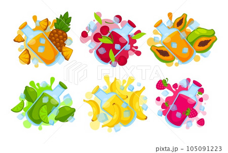 Set of elements fresh fruit juices in bottles. 105091223