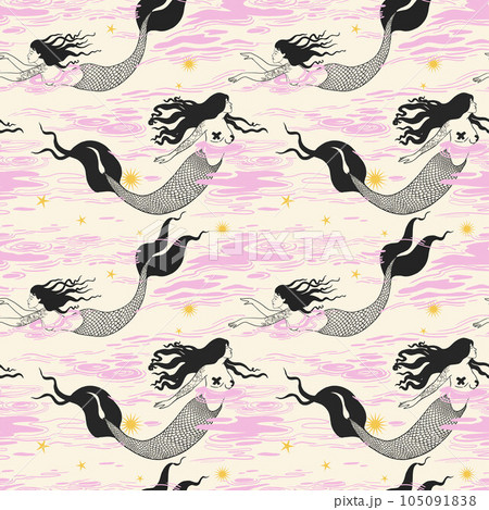 Beautiful seamless pattern with gentle mermaids in the sea. Stock illustration. Fantasy creature. Beautiful seamless pattern with gentle mermaids in the sea. Stock illustration. Fantasy creature. 105091838