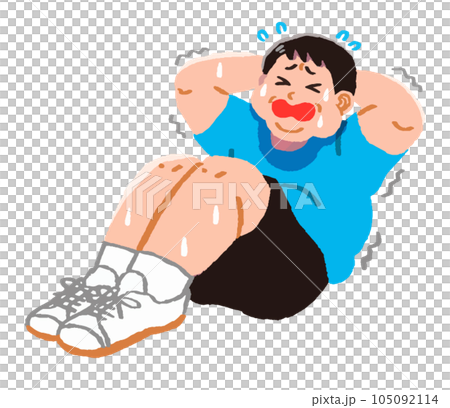 肥胖男子痛苦地做腹部運動 肥胖男子痛苦地做腹部運動 105092114