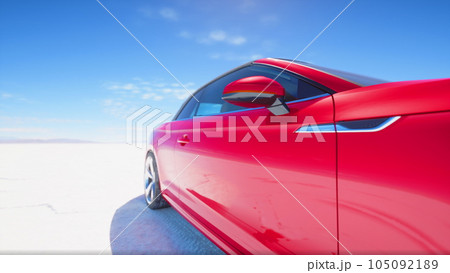 lonely sport car in salt desert lonely sport car in salt desert 105092189