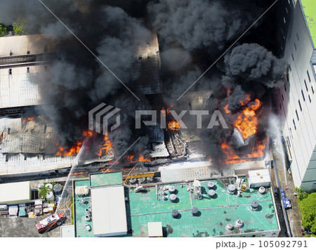 Aerial view of Fire in industrial building. Multi 105092791