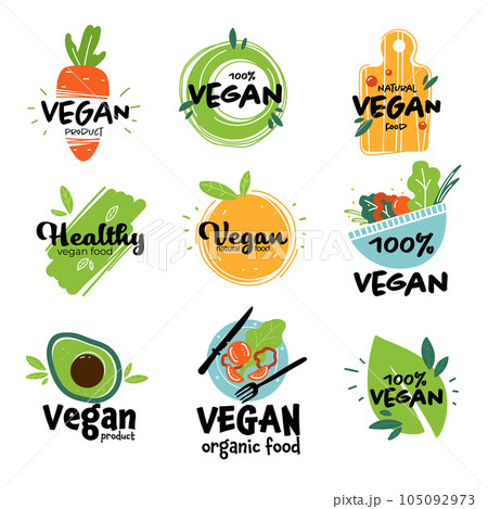 Vegan and vegetarian food menu labels and emblems 105092973