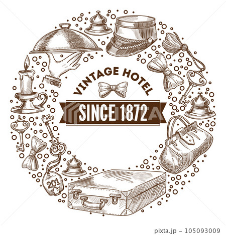 Vintage hotel since 1872 monochrome outline sketch Vintage hotel since 1872 monochrome outline sketch 105093009