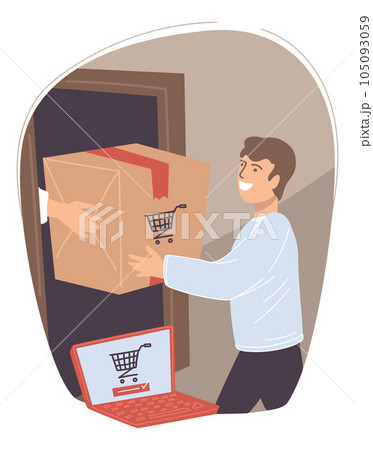 Male character receiving parcel from web site Male character receiving parcel from web site 105093059