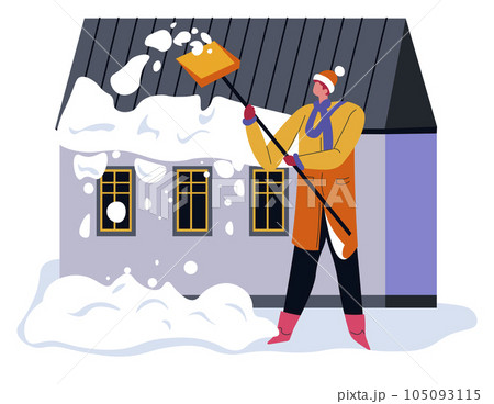 Man cleaning snow by house, wintertime outdoors 105093115