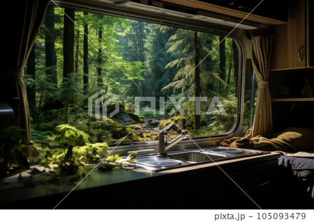 View from trailer window sunny green forest in summer. generative AI 105093479