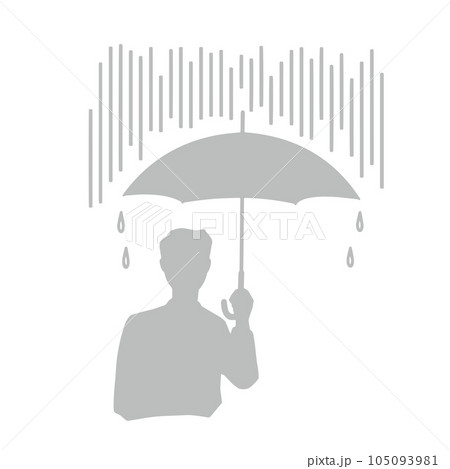 土砂降りの雨に傘をさす男性のシルエットイラスト　グレー 105093981