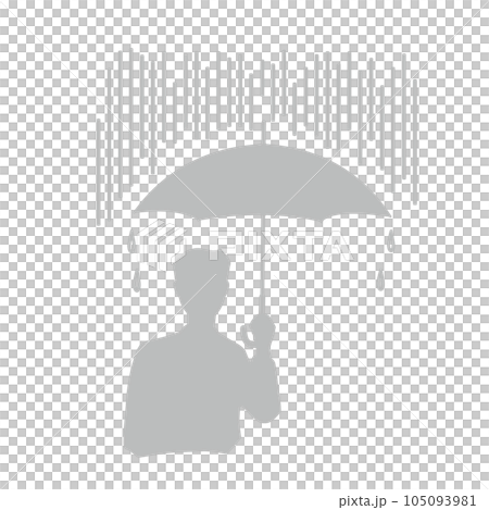 土砂降りの雨に傘をさす男性のシルエットイラスト　グレー 105093981