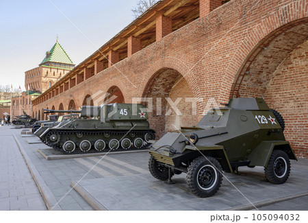 Soviet military armored vehicles of the Second World War at the walls of the Nizhny Novgorod Kremlin Soviet military armored vehicles of the Second World War at the walls of the Nizhny Novgorod Kremlin 105094032