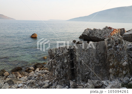 Fort Mezaluna Mesaluna Citadel Citadela Montenegro, Herceg Novi. The ruins of an ancient stone fortress, destroyed in an earthquake, fell into the Adriatic Sea, the Mediterranean. Tourist attractions Fort Mezaluna Mesaluna Citadel Citadela Montenegro, Herceg Novi. The ruins of an ancient stone fortress, destroyed in an earthquake, fell into the Adriatic Sea, the Mediterranean. Tourist attractions 105094261