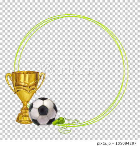Round frame golden winner cup trophy, soccer ball, whistle, victory, prize. Hand draw watercolor illustration isolated on white background. Competition, sport, logo Round frame golden winner cup trophy, soccer ball, whistle, victory, prize. Hand draw watercolor illustration isolated on white background. Competition, sport, logo 105094297