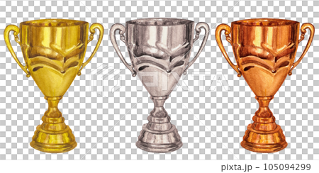 Banner golden silver bronze winner cup trophy, victory, prize. Hand draw watercolor illustration isolated on white background. Competition, sport, logo Banner golden silver bronze winner cup trophy, victory, prize. Hand draw watercolor illustration isolated on white background. Competition, sport, logo 105094299