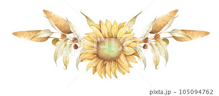 Vibrant Sunflower and leaves Bouquet. Floral Composition Perfect for Greeting Cards and rustic Decorations. Watercolor Illustration. Vibrant Sunflower and leaves Bouquet. Floral Composition Perfect for Greeting Cards and rustic Decorations. Watercolor Illustration. 105094762