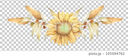 Vibrant Sunflower and leaves Bouquet. Floral Composition Perfect for Greeting Cards and rustic Decorations. Watercolor Illustration. Vibrant Sunflower and leaves Bouquet. Floral Composition Perfect for Greeting Cards and rustic Decorations. Watercolor Illustration. 105094762