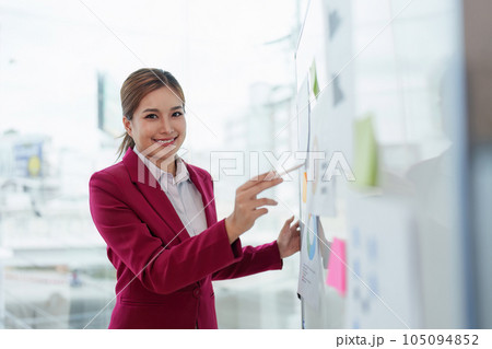 Business leader pointing at goals plan and analyze financial data for long term investments Business leader pointing at goals plan and analyze financial data for long term investments 105094852