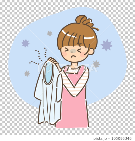くさい半袖Tシャツに顔をしかめる女性　背景あり 105095346