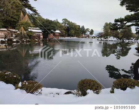 雪の積もった兼六園 松の木と池 雪の積もった兼六園 松の木と池 105095580
