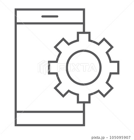 App settings thin line icon, technology and smartphone, cogwheel sign, vector graphics, a linear pattern on a white background, eps 10. App settings thin line icon, technology and smartphone, cogwheel sign, vector graphics, a linear pattern on a white background, eps 10. 105095907
