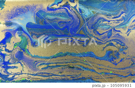 Gold and Blue Marble Liquid Pattern. 105095931