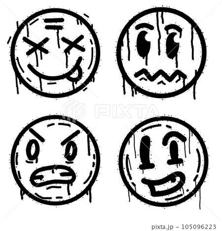 Graffiti grunge face. Cartoon aerosol fun expression. Spray funky paint art with leak and dot. Street art and urban vandalism symbol. Black grungy spill character isolated on white Graffiti grunge face. Cartoon aerosol fun expression. Spray funky paint art with leak and dot. Street art and urban vandalism symbol. Black grungy spill character isolated on white 105096223