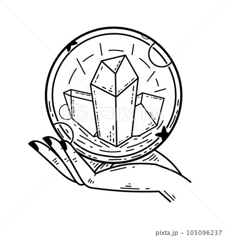 Magic crystal ball and gems in hand. Mystical and magical witch ritual. Spiritual mystery future wizard teller. Esoteric Astrology and fortune. 105096237