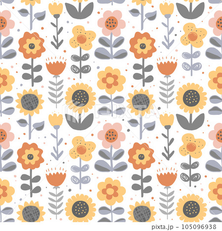 Cute hand drawn flowers seamless pattern. Nursery or rustic background in Scandinavian style. Design for textile, wallpapers, wrapping paper, cards. Vector illustration Cute hand drawn flowers seamless pattern. Nursery or rustic background in Scandinavian style. Design for textile, wallpapers, wrapping paper, cards. Vector illustration 105096938