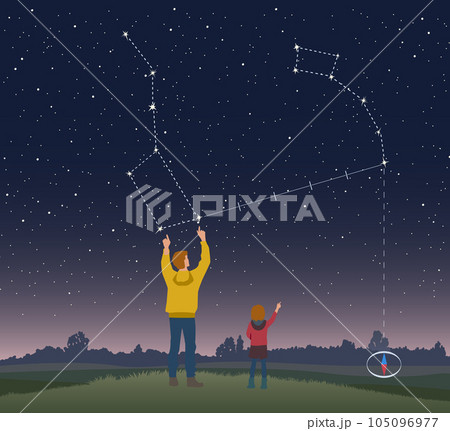 Dad and Daughter use Big Dipper to find Polaris, the North Star, which leads to Little Dipper. 105096977