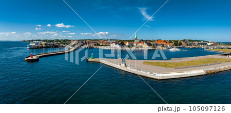 Aerial view of Kronborg castle with ramparts, ravelin guarding the entrance to the Baltic Sea and the Oresund in Helsingor Denmark 105097126