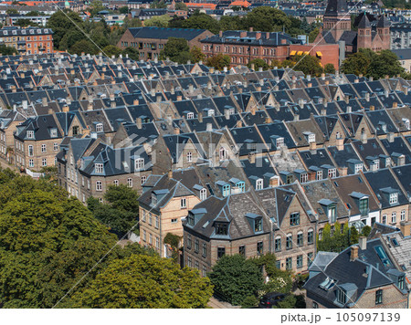 Aerial view of the rooftops of Kartoffelraekkerne neighborhood, in Oesterbro, Copenhagen, Denmark. The neighbourhood built in the late 1800s for working class families 105097139