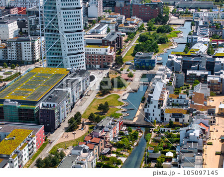 Beautiful aerial view of the Vastra Hamnen- The Western Harbour -district in Malmo, Sweden. Panoramic aerialview. 105097145