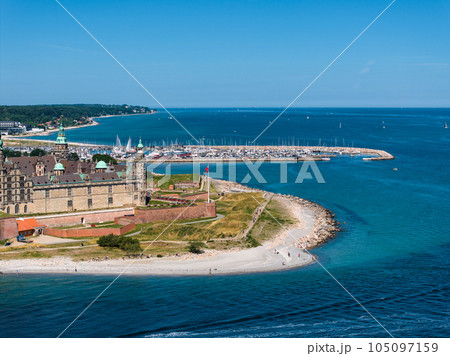 Aerial view of Kronborg castle with ramparts, ravelin guarding the entrance to the Baltic Sea and the Oresund in Helsingor Denmark 105097159
