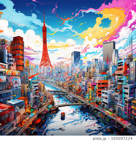 カラフルな日本の風景（東京・京都・都市）のイラスト素材 [105097224