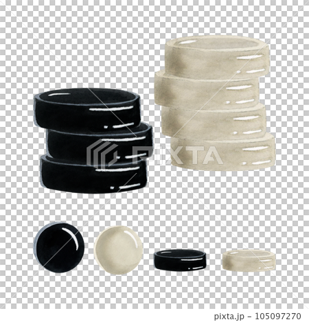 Watercolor stack of checkers illustration set isolated on white background. Intellectual board game for club flyers, brochures 105097270