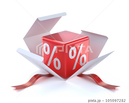 Concept of discount with red cube with the symbols of percent in the package Concept of discount with red cube with the symbols of percent in the package 105097282