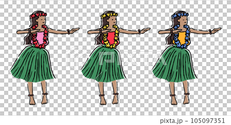 フラダンスをしている三人の女性 手描き線画イラストのイラスト素材